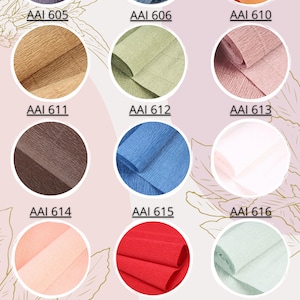 May include: A palette of 15 different colors of crinkled tissue paper. The colors are: gray, blue, orange, brown, green, pink, dark brown, light blue, white, peach, red, light green, purple, bright orange, and teal.