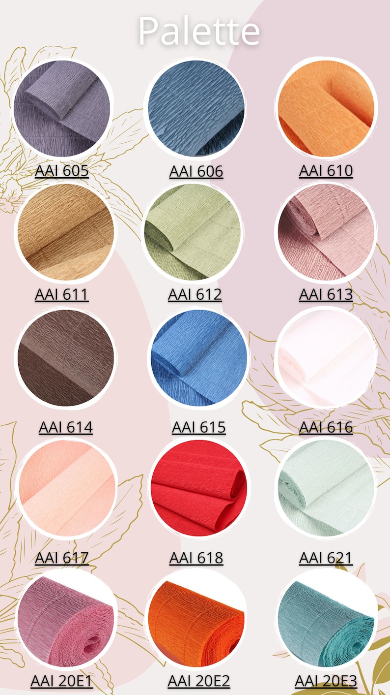 May include: A palette of 15 different colors of crinkled tissue paper. The colors are: gray, blue, orange, brown, green, pink, dark brown, light blue, white, peach, red, light green, purple, bright orange, and teal.