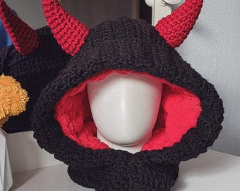 Devil Balaclava: Handmade Wool Plush Hoodie with Horns