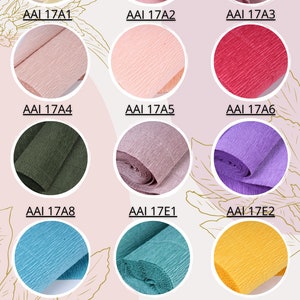May include: A palette of 12 different colors of crinkled tissue paper. The colors are: ivory, light pink, dusty rose, peach, light pink, red, dark green, purple, light blue, teal, yellow, orange, hot pink, and light pink.