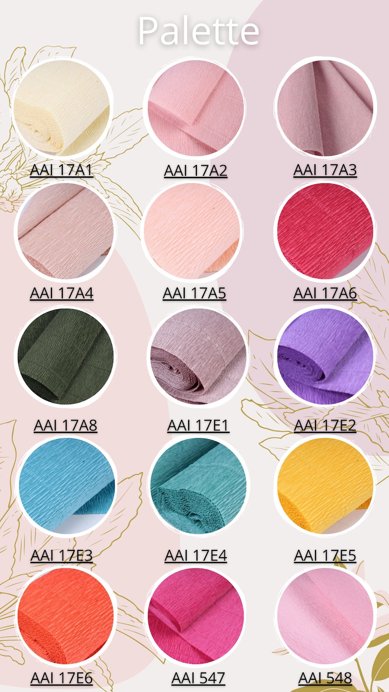 May include: A palette of 12 different colors of crinkled tissue paper. The colors are: ivory, light pink, dusty rose, peach, light pink, red, dark green, purple, light blue, teal, yellow, orange, hot pink, and light pink.