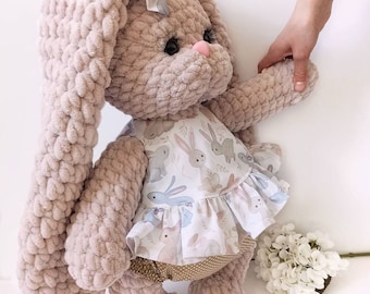 Knitted bunny rabbit toy in dress - Handmade stuffed bunny animal toy. Personalised Bunny, Flower Girl