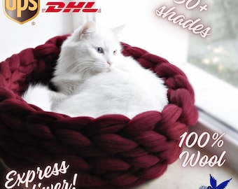 Chunky Knit Merino Wool Cat Bed: Handmade Pet Cave