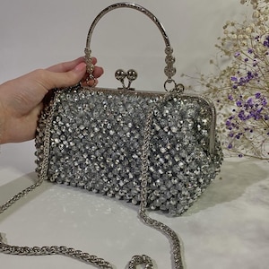 Tasche Silber Kristall Perlen, Elegante Perlen Clutch, Abendtasche, Perlen Tasche in Schwarz, Umhängetasche, Tasche mit Kristall Schwarz Perlen