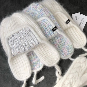 Winter hat with earflaps, knitted, women&#39;s light gray hat, for girls, beanie with ears, warmer and softer, amazing quality, merino angora