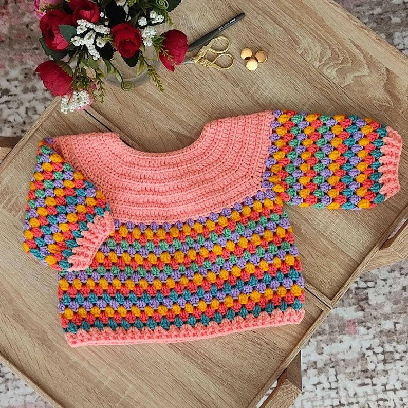 Made to order, Hand knitted baby cardigan, knit baby sweater, rainbow baby cardigan, newborn cardigan, abstract baby cardigan, baby sweater image 5