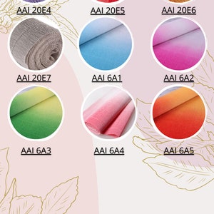 May include: Palette of nine different colors of crepe paper. The colors are lavender, red, orange, gray, light blue, pink, green, light pink, and orange. The crepe paper is rolled up and the colors are arranged in a grid.
