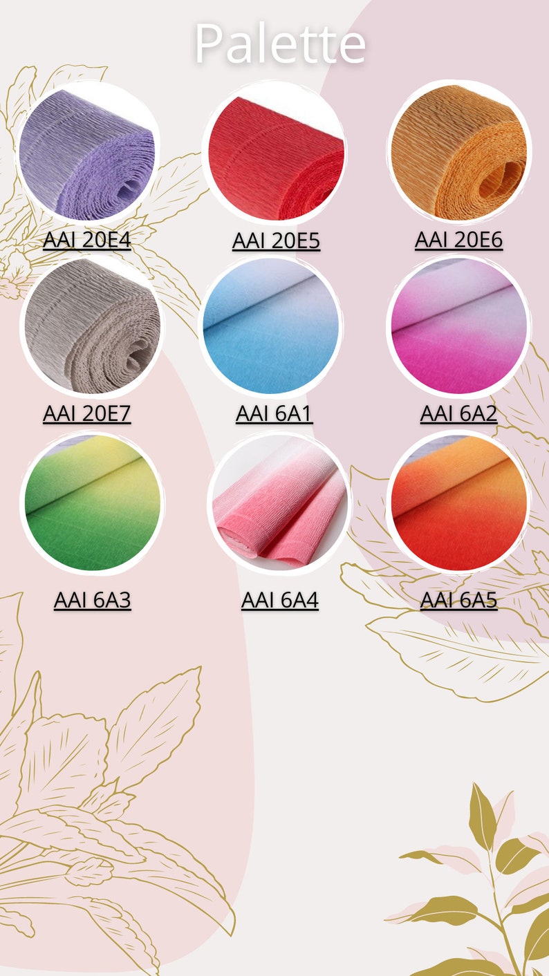 May include: Palette of nine different colors of crepe paper. The colors are lavender, red, orange, gray, light blue, pink, green, light pink, and orange. The crepe paper is rolled up and the colors are arranged in a grid.