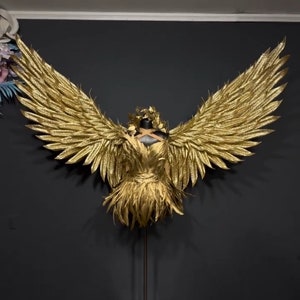 May include: Gold angel wings with a gold feather bodice costume. The wings are large and have a glittery finish.
