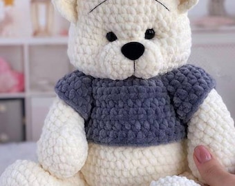 Knitted stuffed bear toy, knitted plush personalized bear, knitted dressed teddy bear, bear nursery doll
