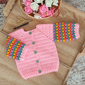 Made to order, Hand knitted baby cardigan, knit baby sweater, rainbow baby cardigan, newborn cardigan, abstract baby cardigan, baby sweater image 4