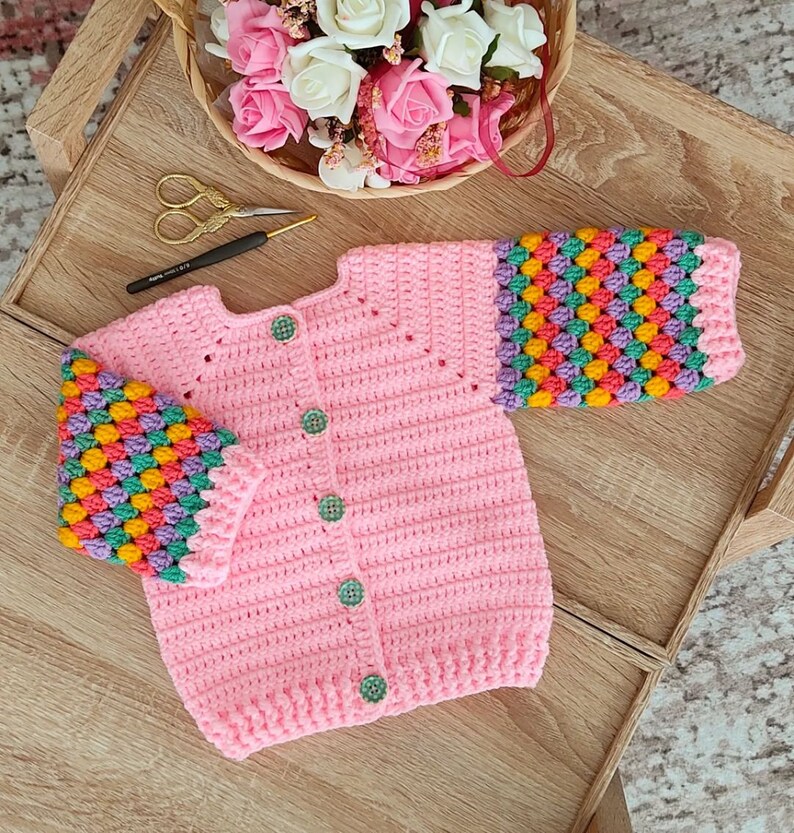 Made to order, Hand knitted baby cardigan, knit baby sweater, rainbow baby cardigan, newborn cardigan, abstract baby cardigan, baby sweater image 4