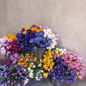 Real Touch Artificial Crocus Bouquet in Rustic Wooden Pot - Lifelike Faux Spring Flowers, Realistic Crocuses, Easter Spring Home Decor