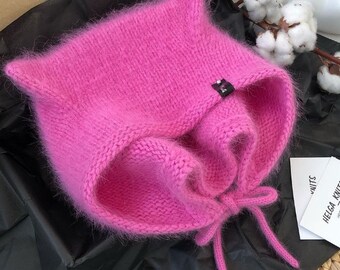Angora Cat Ear Bonnet: Fuzzy Knitted Winter Hat