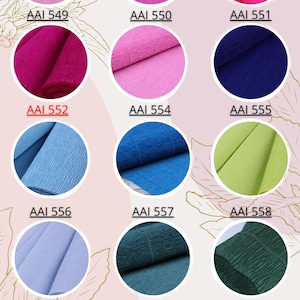 May include: A palette of 15 different colors of crinkled tissue paper. The colors are: light pink, pink, hot pink, magenta, light pink, navy blue, light blue, teal, light green, light blue, dark teal, green, olive green, bright green, and light green.
