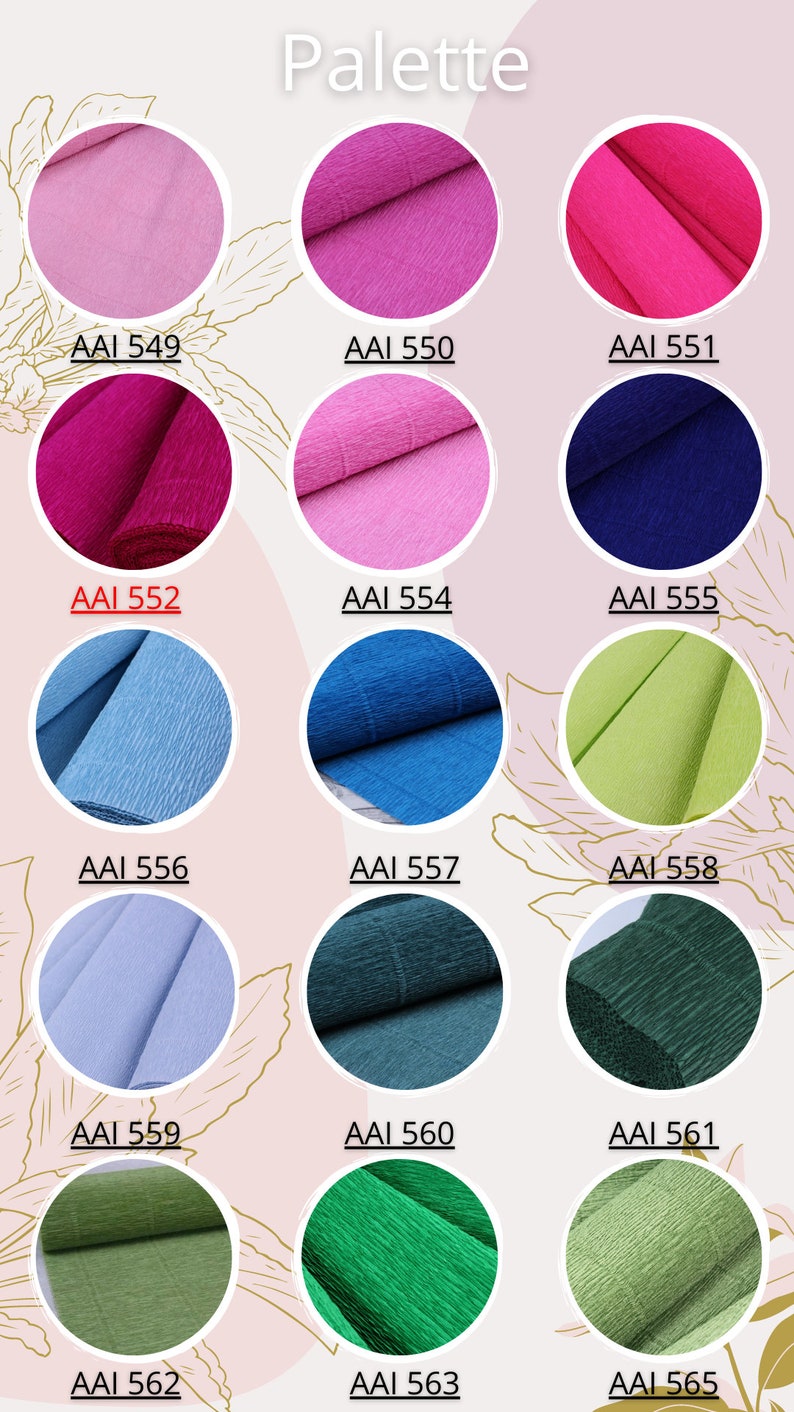May include: A palette of 15 different colors of crinkled tissue paper. The colors are: light pink, pink, hot pink, magenta, light pink, navy blue, light blue, teal, light green, light blue, dark teal, green, olive green, bright green, and light green.