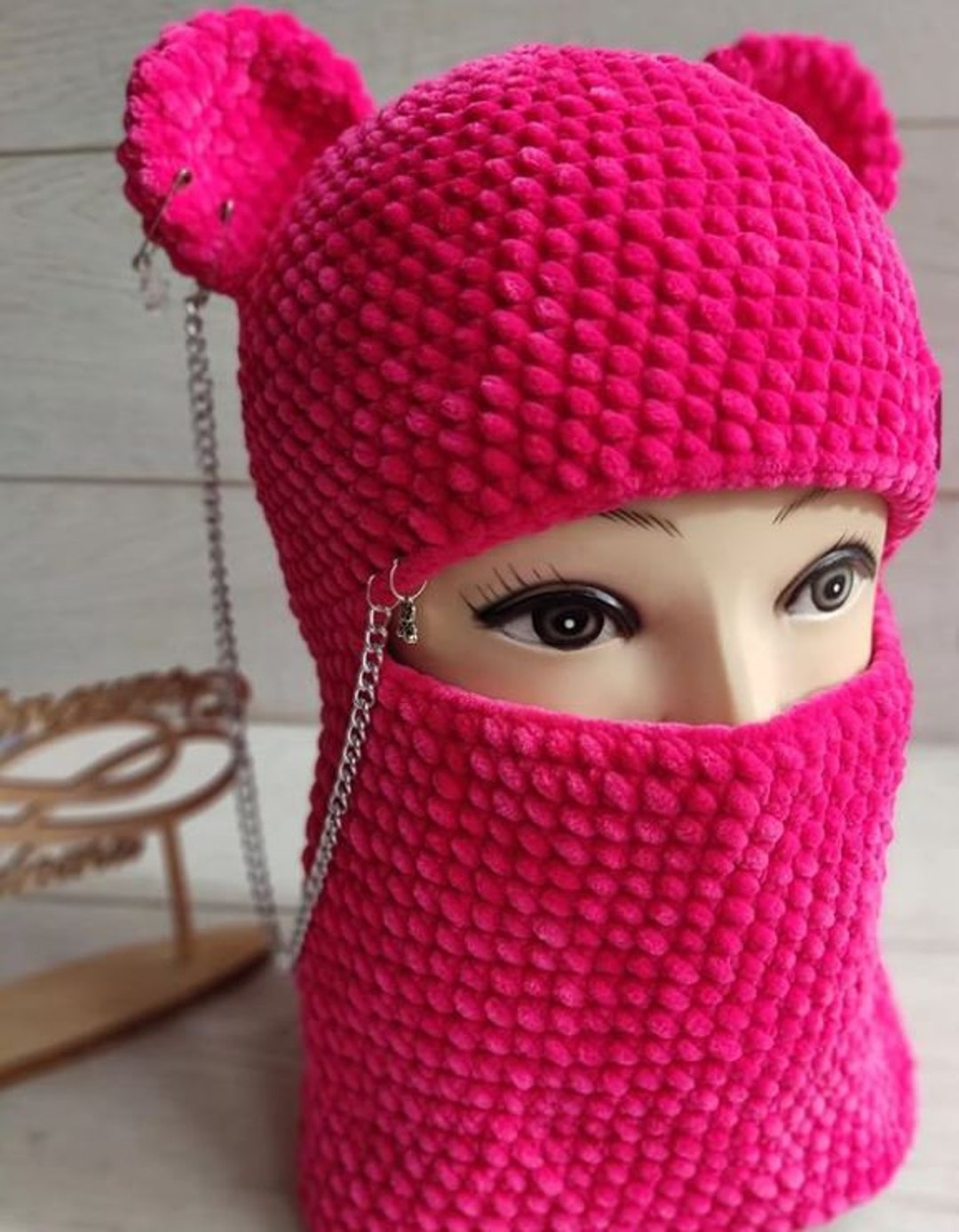 猫耳付きバラクラバ/猫耳付きバラクラバ/ニット冬帽子/猫スキーマスク