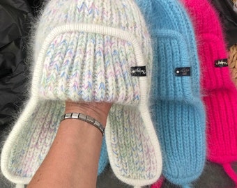 Angora Wool Knit Cap with Ear Flaps: Norwegian Style Winter Hat