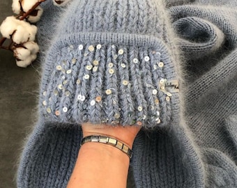 Handmade Angora Knit Earflap Hat: Sequin Trapper Winter Beanie