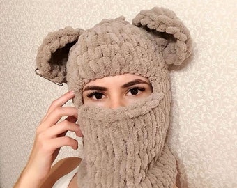 Trend 2023! Warm winter hat, Knit Bunny Balaclava , Full face mask, Bad Bunny ski mask With Ears,  Balaclava With Ears Bear,