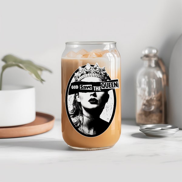 God Save The Queen | Taylor Swift Iced Coffee Glass Cup, Swiftie Cup, Swift Merch, Taylor Fan, Iced coffee cup