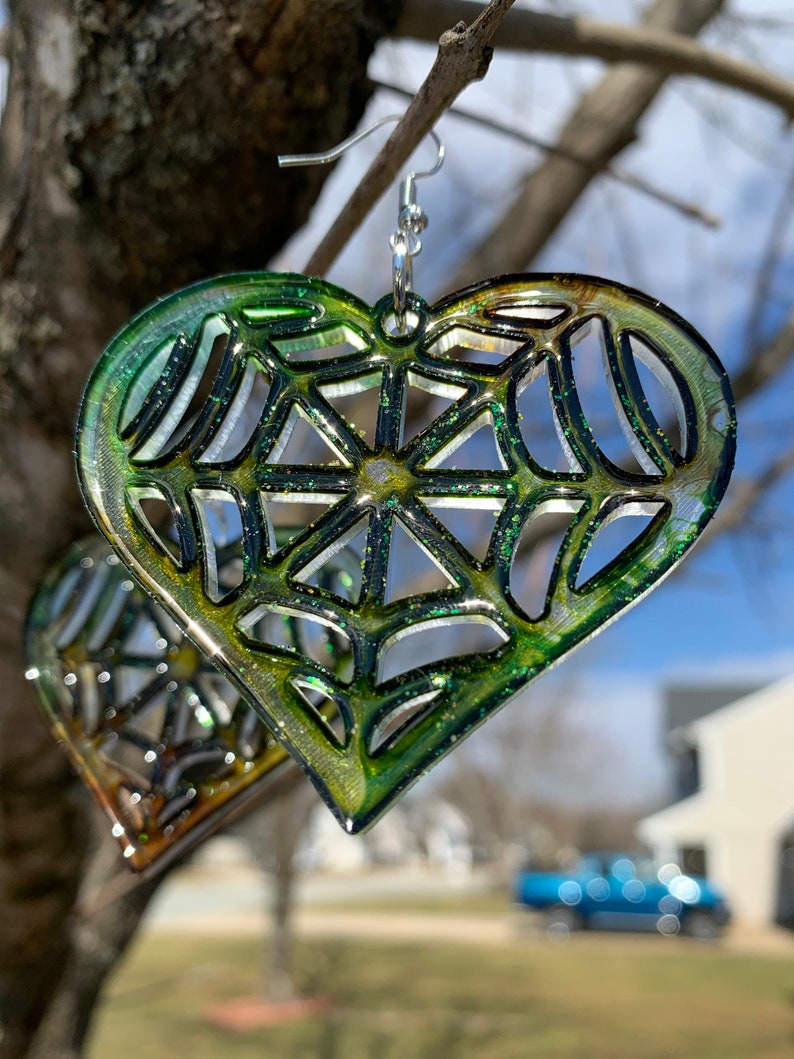 Custom A/&B RESIN Green Tint Spider Web Heart Earrings