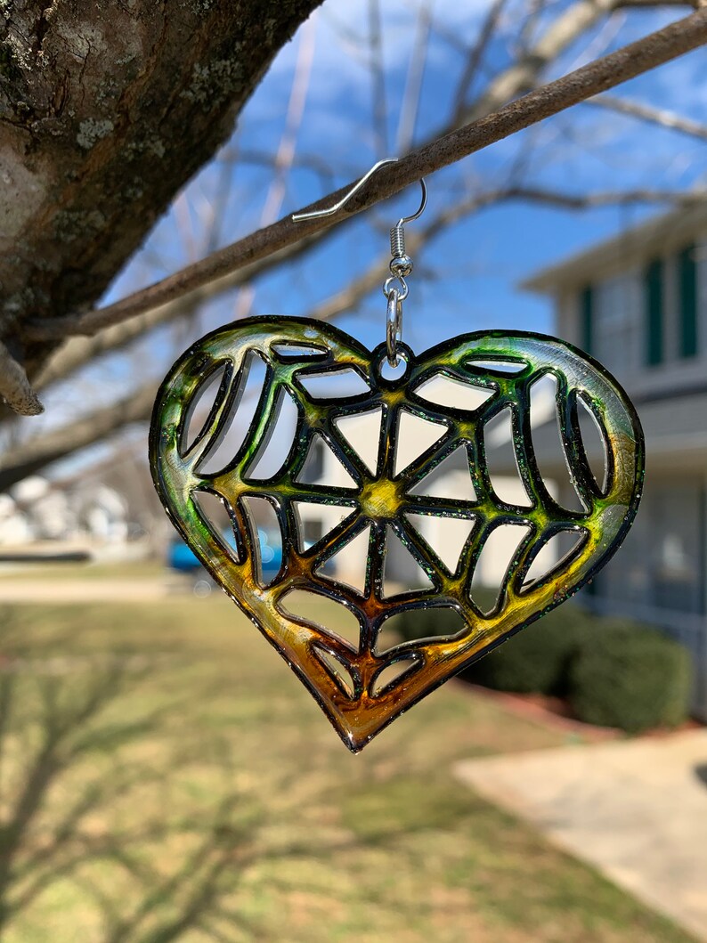 Custom A/&B RESIN Green Tint Spider Web Heart Earrings