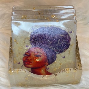 Hand Made, Black Girl Magic Coasters, Afro women, Black Queen, Resin Coasters, set of 4 and Holder