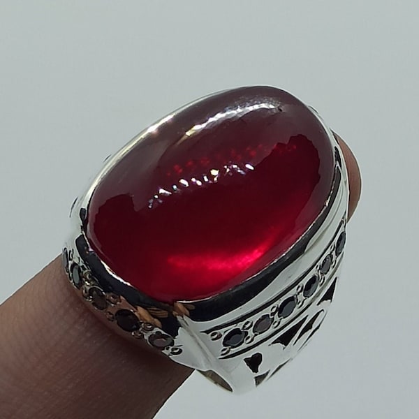 Cabochon 21 Carat Pigeon Red Ruby Mens Ring Sterling Silver 925 Handmade Yaqoot Ring Ruby Ring Roby Ring Anari Yakoot 10k Gold Ring