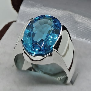 13 Carat Fresh Blue Topaz Mens Plain Ring Sterling Silver 925 Handmade ...