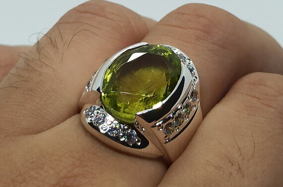 11 Carat Pale Green Peridot Mens Heavy Ring Sterling Silver 925