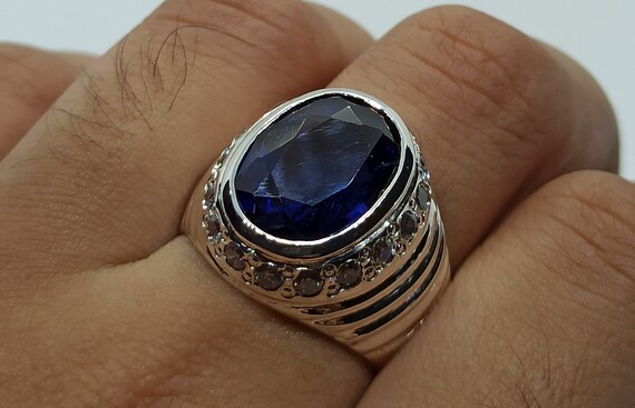 10 Carat Royal Blue Topaz Mens Ring Sterling Silver 925 Handmade
