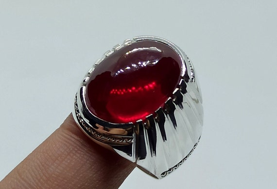 Cabochon 19 Carat Pigeon Red Ruby Mens Heavy Ring Sterling Silver