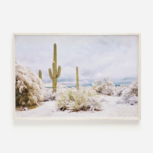 Desert Snowy Landscape, Southwest in Winter, Arizona Scenery, Winter Landscape Print, Saguaros in Snow, Desert Printable, Winter Bedroom Art