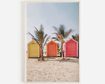 Colorful Beach Huts, Tropical Scenery, Beach Vacation, Coastal Getaway, Huts On The Beach, Colorful Beach Cabanas, Tropical Wall Decor