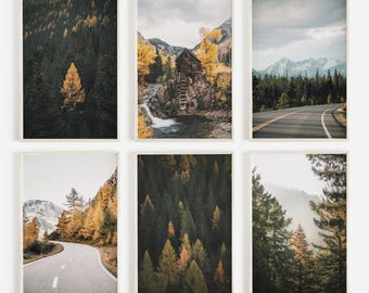 May include: Set of six landscape photographs featuring scenic views of a forest with a winding road, a cabin in the woods, and a mountain range. The photos are in a rustic style with a muted color palette.