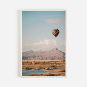 Hot Air Balloon Over Lake, Hot Air Balloon Festival, Boho Style Art, New Mexico Landscape, Desert Hot Air Balloon, Travel Adventure Print