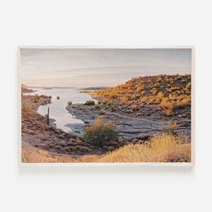 Lake Pleasant Arizona, Arizona Lake Photo, Golden Sunset Print, Desert Landscape, Desert Lake Print, Rocky Shoreline, Arizona Desert Print