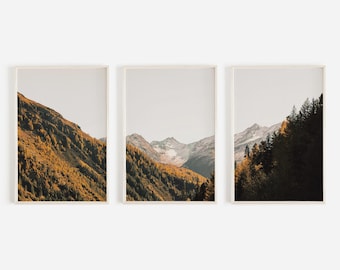 Autumn Mountain Print Set of 3, Triptych Wall Art, Three Rustic Posters, Warm Fall Scenery, Colorado Mountain Range, 3 Piece Print Set