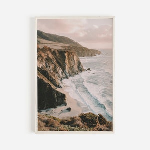 Pastel Ocean Sunset, Coastline Scenery, California Landscape, Crashing Waves on Rocks, Coastal Sunset Print, Pastel Beach Decor