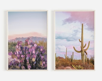 May include: Two framed desert landscape prints. The first print features a close-up of a purple prickly pear cactus against a pink and purple sunset sky. The second print features a tall saguaro cactus against a blue and pink sky with fluffy clouds.