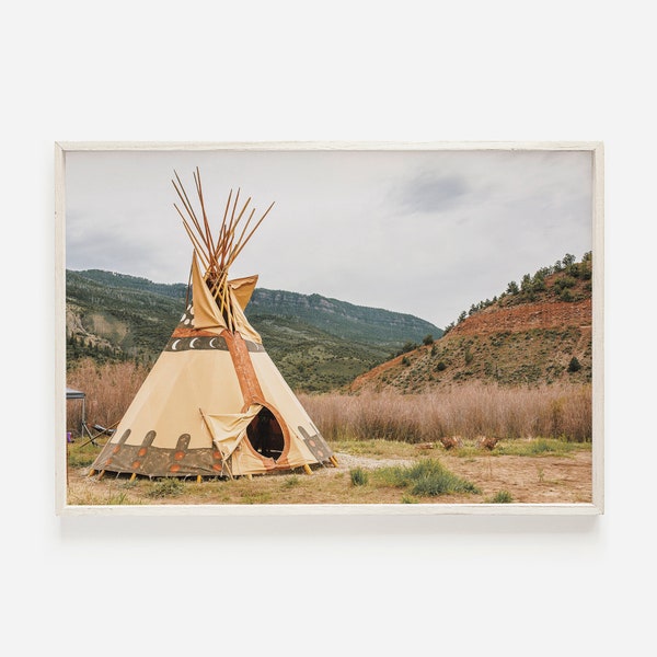 Tipi Wall Art, Colorado Poster, Native American Tipi, Horizontal Wall Art, Rustic Decor, Tipi Print, Teepee Digital Art, Western Landscape