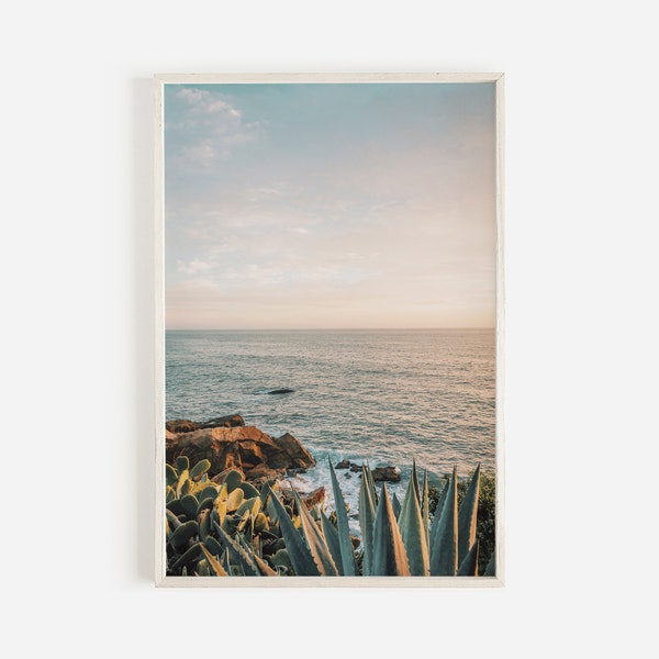 Agave Overlooking The Ocean, California Coastline Print, Sunset Beach Photo, Rocky Ocean Shore Wall Art, Ocean Agave Printable