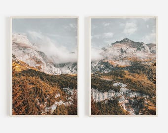 Autumn Mountain Forest Print Set, Foggy Mountain Peaks, Rustic Colorado Wall Art, Autumn Forest Decor, Rugged Mountain Range Print Set of 2