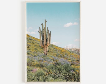Saguaro Cactus in Spring, Desert Flowers, Arizona Landscape, Saguaro Cactus Print, Southwest Desert, Floral Cactus Print, Printable Wall Art