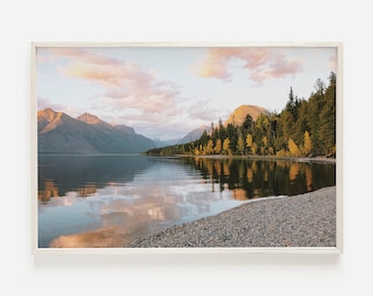 Western Lake Sunset, Pastel Sunset Sky, Rustic Lodge Decor, Lake Reflection Poster, Forest On Lake Shore, Montana Scenery, Lodge Style Art