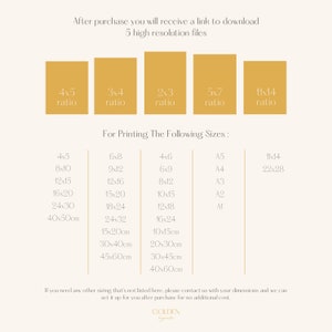 May include: A chart with a list of different aspect ratios and corresponding print sizes in inches and centimeters. The chart is titled "For Printing: The Following Sizes:" and includes standard paper sizes like A5, A4, A3, A2, and A1.