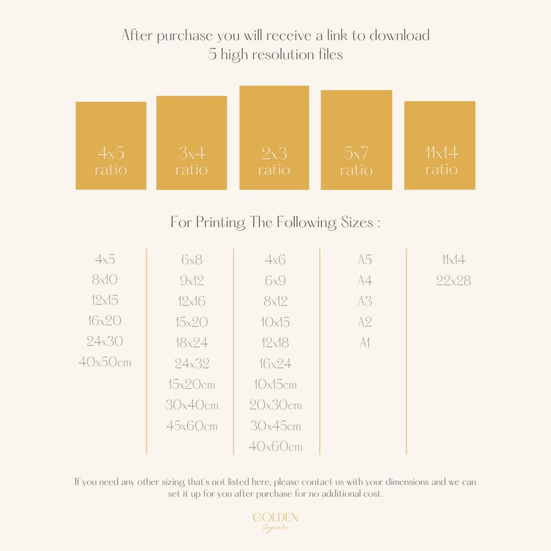 May include: A chart with a list of different aspect ratios and corresponding print sizes in inches and centimeters. The chart is titled "For Printing: The Following Sizes:" and includes standard paper sizes like A5, A4, A3, A2, and A1.