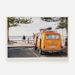 Orange Camper Van At Beach, Coastal Camper Photo, California Beach Decor, Travel Van Print, Camper Van Wall Art, Beach Camping Printable