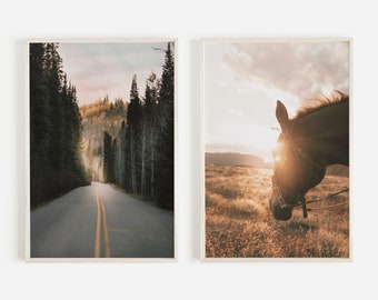 Rustic Utah Print Set, Set of 2 Prints, Horse at Sunset, Forest Road Photo, Nature Scenery, Utah Landscape, 2 Piece Print Set, Utah Digital
